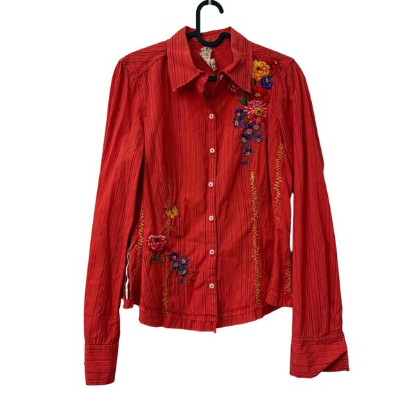 Johnny Was 3J Workshop Coral Red Floral Embroidered Striped Shirt Womens Small - Picture 1 of 5